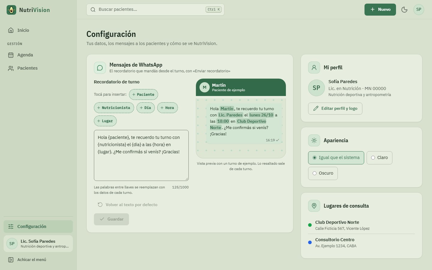 Pantalla Configuración de NutriVision