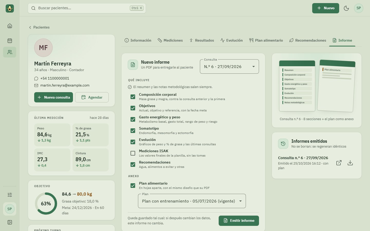 Pantalla Informe de NutriVision