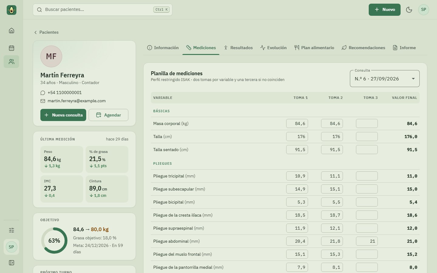 Pantalla Mediciones de NutriVision