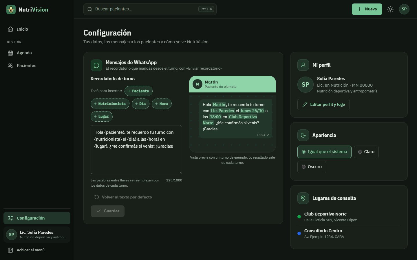 Pantalla Configuración de NutriVision, en modo oscuro