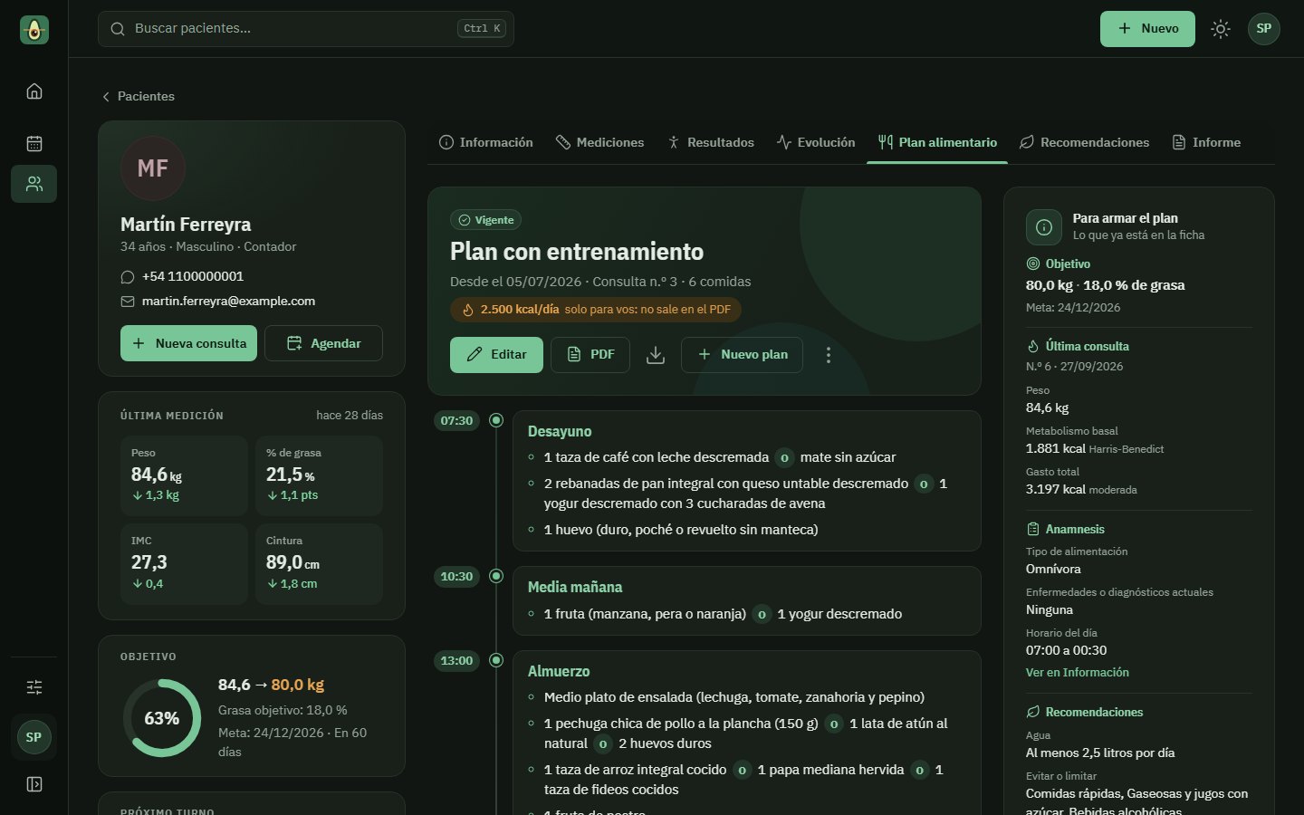 Pantalla Plan alimentario de NutriVision, en modo oscuro