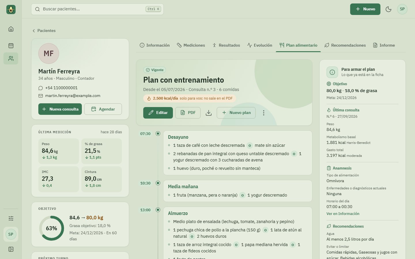 Pantalla Plan alimentario de NutriVision