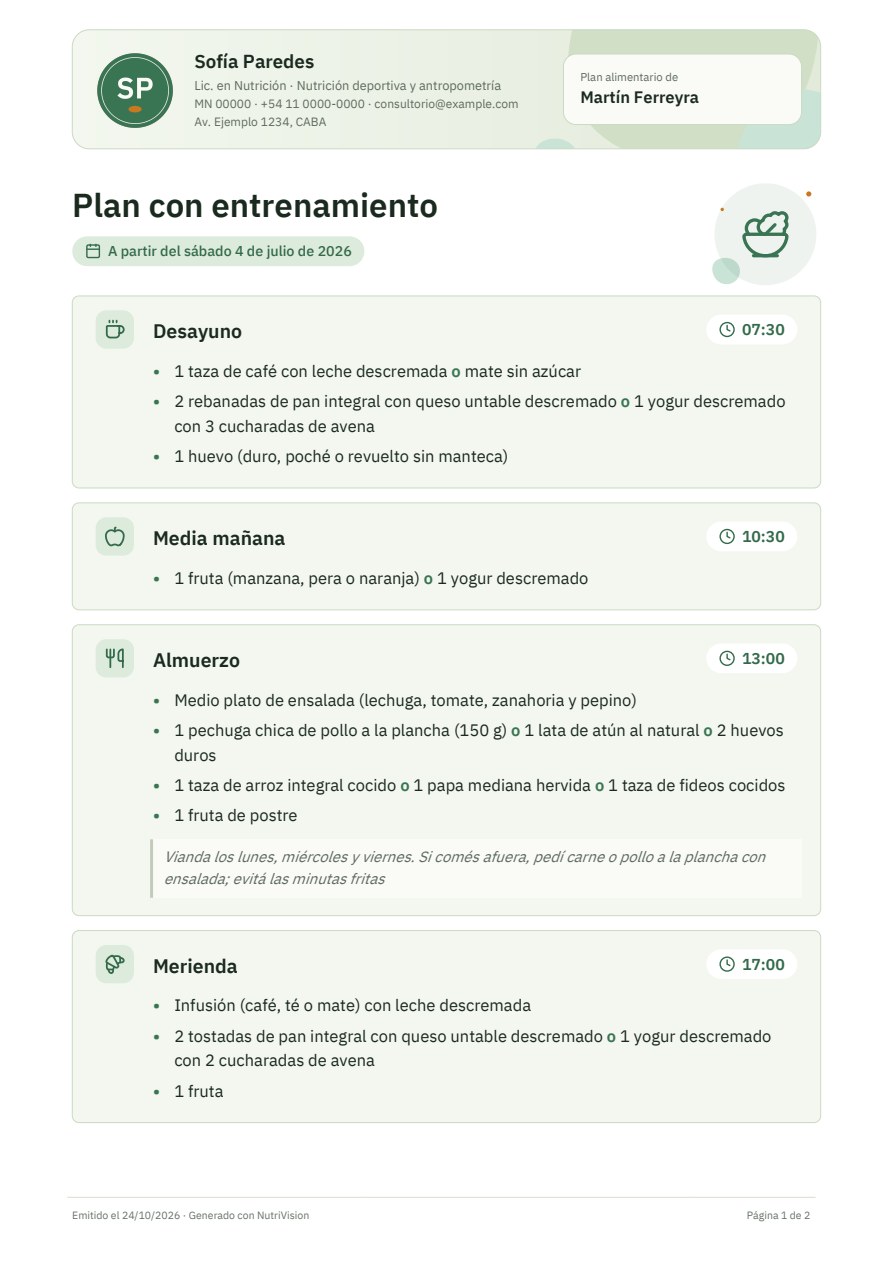 Primera hoja del plan alimentario en PDF